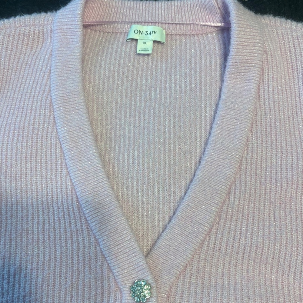 On 34th Elegant Light Pink Puff Sleeve Sparkle Button-Up Cardigan - Picture 4 of 13